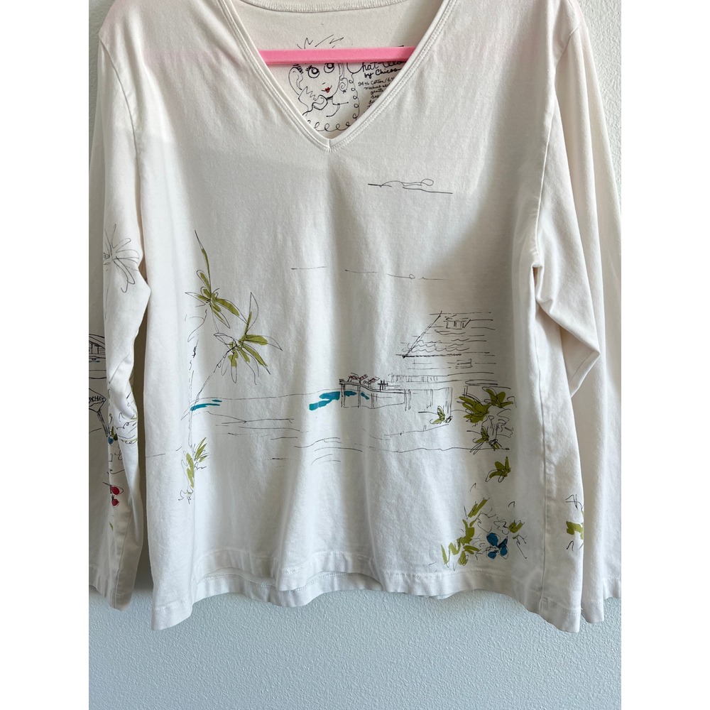 Chico's Chat-Tees V-Neck Long Sleeve Graphic Cream Tee 3 Vacation Beach Resort - Picture 3 of 6
